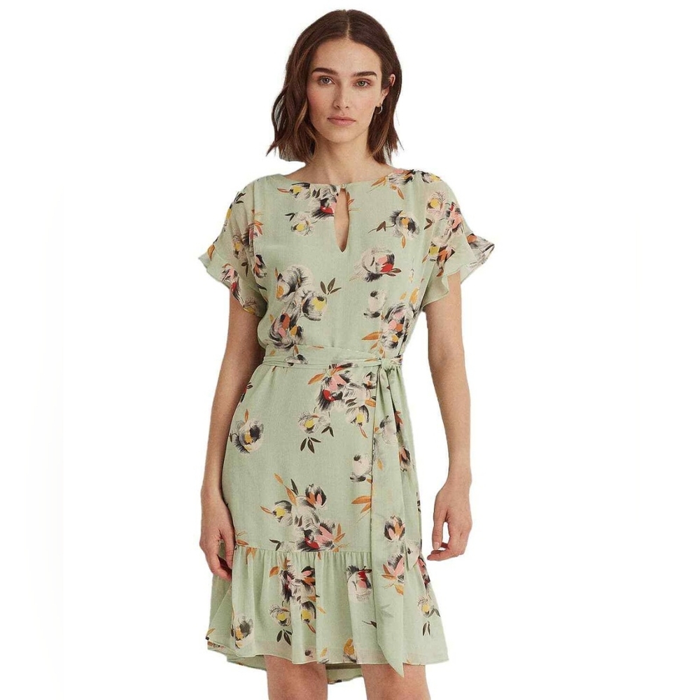 Lauren Ralph Lauren Belted Floral Green Ruffle Sleeve Lightweight Dress Size 6